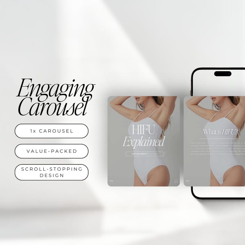 Peut inclure: Image pr&eacute;sentant un concept de marketing num&eacute;rique. Les mots "Engaging Carousel" sont affich&eacute;s dans une &eacute;criture &eacute;l&eacute;gante. En dessous, trois boutons rectangulaires indiquent "1x CAROUSEL", "VALUE-PACKED" et "SCROLL-STOPPING DESIGN". Deux maquettes de t&eacute;l&eacute;phone affichent les mots "HIFU Explained" et "What is HIFU?"