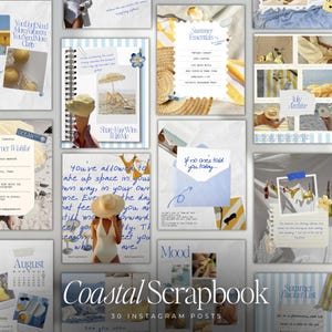 Può includere: Una collezione di 30 post di Instagram a tema costiero. Le immagini presentano scene di spiaggia, elementi essenziali dell'estate e citazioni ispiratrici. La tavolozza dei colori include blu, giallo e bianco, evocando un'atmosfera rilassata e marittima.