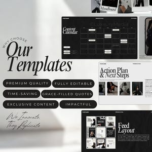 May include: A black and white image showcasing a set of templates for social media content. The templates feature a content calendar, action plan, and feed layout. The text "We Innovate. They Replicate." is displayed at the bottom of the image.