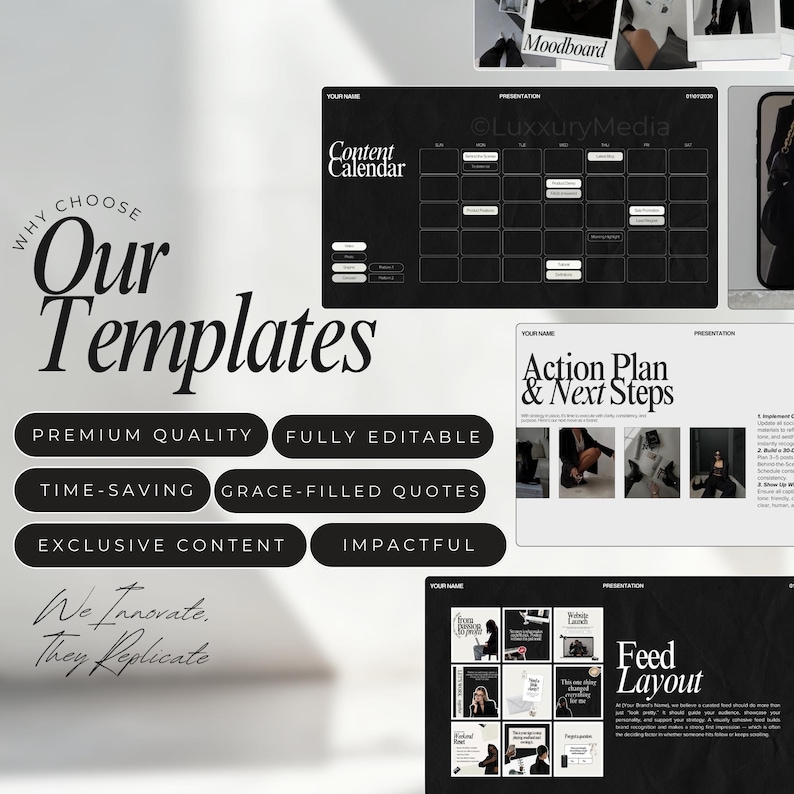 May include: A black and white image showcasing a set of templates for social media content. The templates feature a content calendar, action plan, and feed layout. The text "We Innovate. They Replicate." is displayed at the bottom of the image.