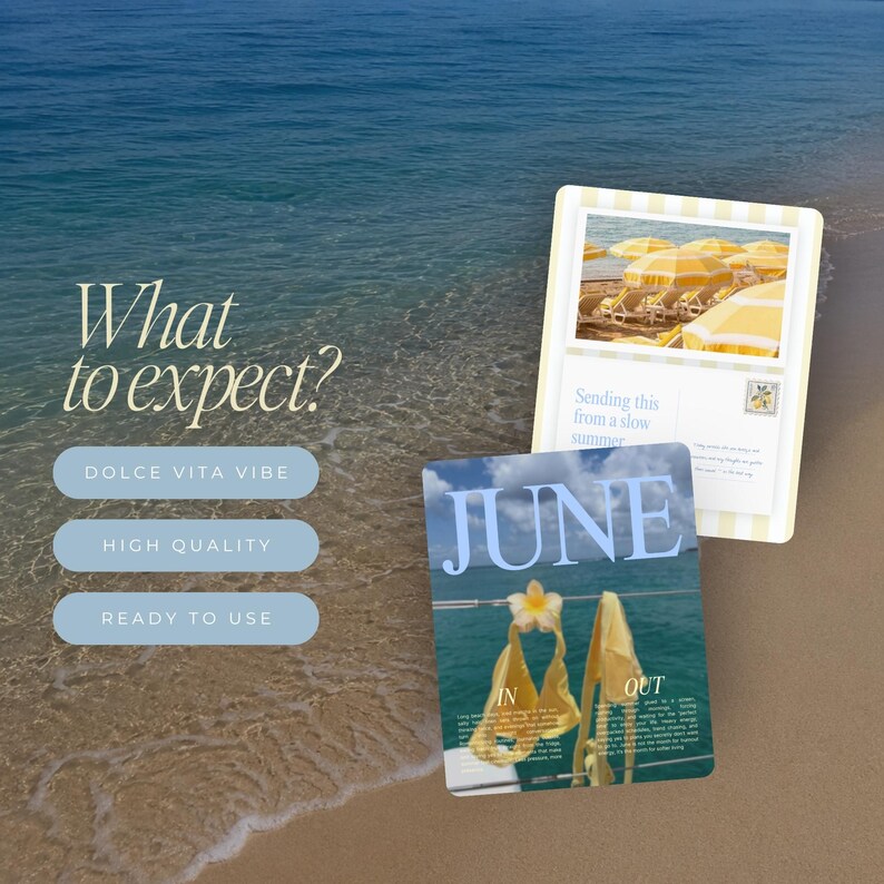 May include: Two rectangular cards featuring summer imagery. One card shows yellow beach umbrellas and the text Sending this from a slow summer. The other card features the word JUNE, a yellow flower, and text over a blue ocean background.