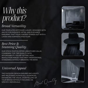 K&ouml;nnte beinhalten: Dunkle Grafik mit Text: "Warum dieses Produkt?" und Abschnitte zu Vielseitigkeit, Qualit&auml;t und Attraktivit&auml;t. Enth&auml;lt Bilder eines Raumes, einer Person mit Hut und eines Laptops mit einem Glas Wasser. Der Text enth&auml;lt auch "Best Quality".