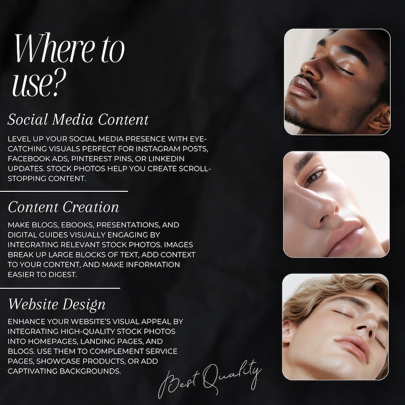 May include: A black and white graphic design with the text "Where to use?" and three sections: Social Media Content, Content Creation, and Website Design. Each section describes how to use stock photos for different purposes. The graphic design is on a black background with a textured, crumpled paper effect.