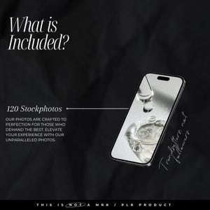 Pode incluir: Uma imagem em preto e branco de um smartphone com uma gota de &aacute;gua caindo na tela. O texto "Trendsetters not followers" est&aacute; escrito no lado direito da imagem. O texto "What is Included?" est&aacute; no topo da imagem. O texto "120 Stockphotos" est&aacute; no meio da imagem. O texto "OUR PHOTOS ARE CRAFTED TO PERFECTION FOR THOSE WHO DEMAND THE BEST. ELEVATE YOUR EXPERIENCE WITH OUR UNPARALLELED PHOTOS." est&aacute; abaixo do texto "120 Stockphotos". O texto "THIS IS NOT A MRR / PLR PRODUCT" est&aacute; na parte inferior da imagem.