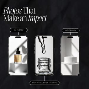 Pode incluir: Tr&ecirc;s imagens de maquetes de produtos criadas com IA. A primeira imagem mostra uma garrafa de vidro transparente com um conta-gotas cheio de um l&iacute;quido transparente. A segunda imagem mostra uma garrafa de vidro transparente com um conta-gotas e um l&iacute;quido transparente pingando do conta-gotas. A terceira imagem mostra um recipiente cil&iacute;ndrico branco em uma plataforma branca. O texto "120 PHOTOS", "MADE WITH AI", e "HIGH RESOLUTION & AESTHETIC" &eacute; exibido na imagem.