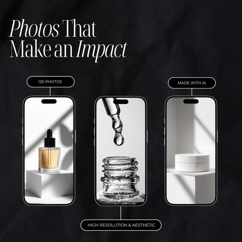 Pode incluir: Tr&ecirc;s imagens de maquetes de produtos criadas com IA. A primeira imagem mostra uma garrafa de vidro transparente com um conta-gotas cheio de um l&iacute;quido transparente. A segunda imagem mostra uma garrafa de vidro transparente com um conta-gotas e um l&iacute;quido transparente pingando do conta-gotas. A terceira imagem mostra um recipiente cil&iacute;ndrico branco em uma plataforma branca. O texto "120 PHOTOS", "MADE WITH AI", e "HIGH RESOLUTION & AESTHETIC" &eacute; exibido na imagem.