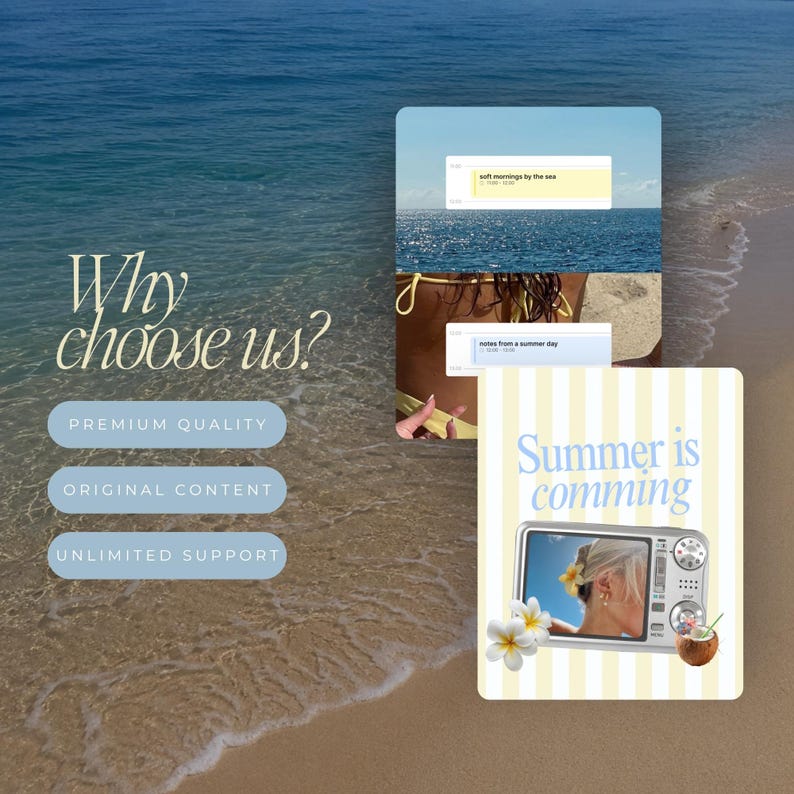 May include: A digital graphic featuring the text Why choose us? with bullet points Premium Quality, Original Content, and Unlimited Support. It displays two rectangular frames showing beach scenes, a person, and a camera with the text Summer is comming.
