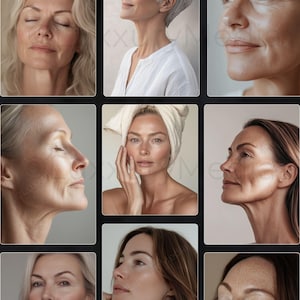 May include: A collage of close-up photos of women's faces showing different skin tones and textures.