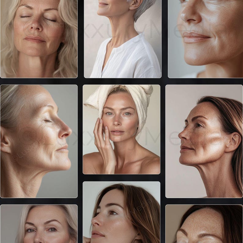 May include: A collage of close-up photos of women's faces showing different skin tones and textures.