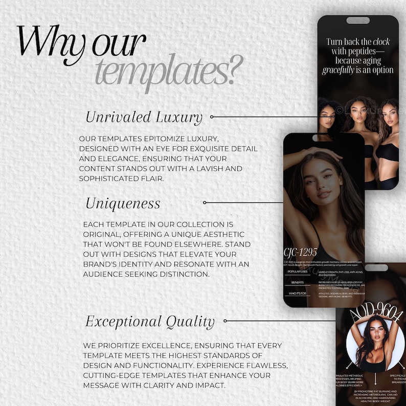 May include: A white background with black text that reads "Why our templates?" and describes the benefits of using templates. The text includes the words "Unrivaled Luxury", "Uniqueness", and "Exceptional Quality". The image also includes three different templates with images of women. The text on the templates reads "Turn back the clock with peptides - because aging gracefully is an option", "CJC-1295", and "AOD-9604".