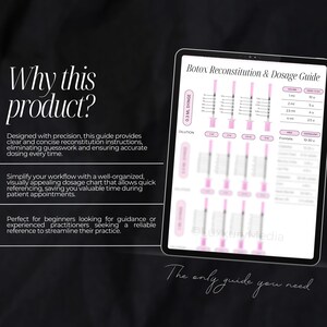 May include: A digital guide for Botox reconstitution and dosage. The guide features a chart with a syringe and different dilution and dosage amounts for various areas of the face, including the forehead. The guide also includes text explaining the benefits of using the guide.