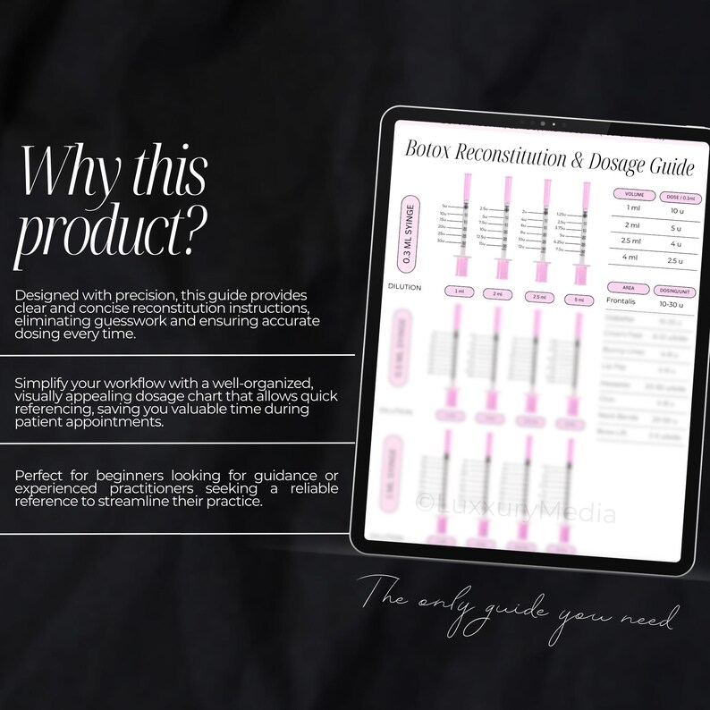 May include: A digital guide for Botox reconstitution and dosage. The guide features a chart with a syringe and different dilution and dosage amounts for various areas of the face, including the forehead. The guide also includes text explaining the benefits of using the guide.