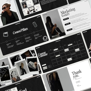 May include: A black and white presentation template with the words "Content Pillars", "Content Calendar", "Marketing Goals", and "Thank You". The template includes a calendar, a mood board, and a list of marketing goals.