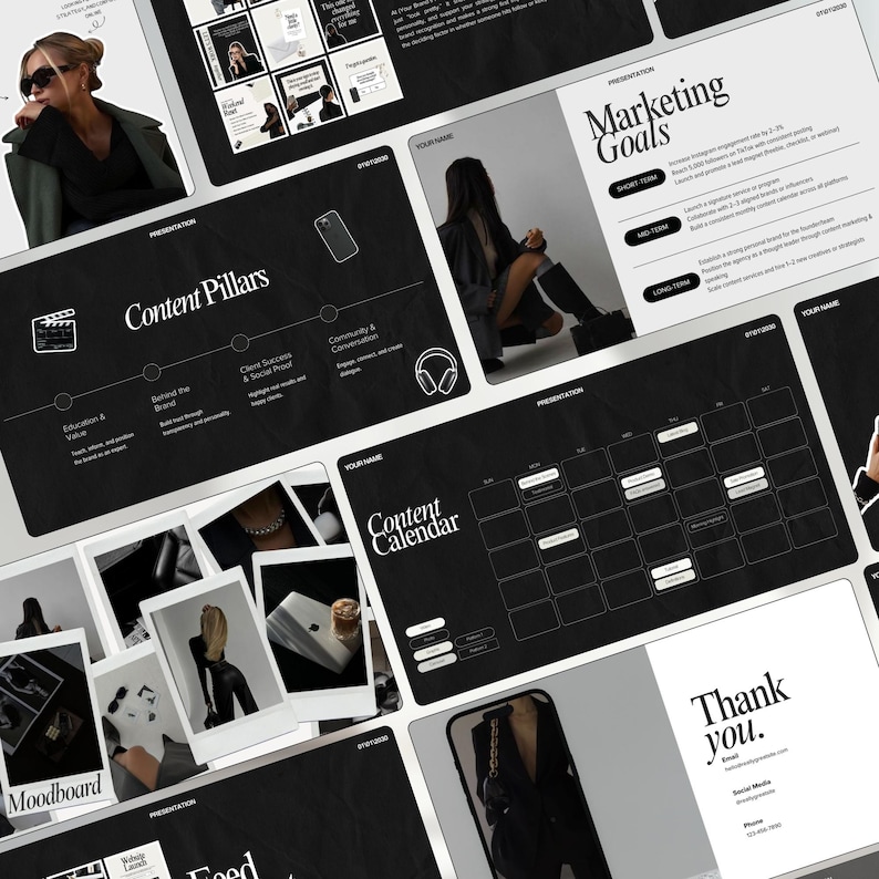May include: A black and white presentation template with the words "Content Pillars", "Content Calendar", "Marketing Goals", and "Thank You". The template includes a calendar, a mood board, and a list of marketing goals.