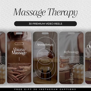 Op de afbeelding: Een grafiek met drie verschillende massagetechnieken: Shiatsu Massage, Aromatherapie en Reflexologie. De grafiek heeft een bruine achtergrond met witte tekst en illustraties. De tekst "Let's Talk" staat op de Shiatsu Massage-grafiek. De tekst "Book Now" staat op de Reflexologie-grafiek. De tekst "Free Gift 30 Instagram Captions" staat onderaan de grafiek.