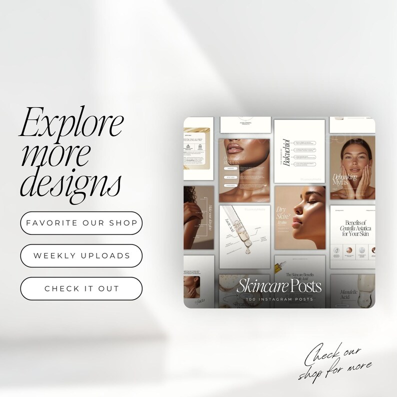 Puede incluir: Una colecci&oacute;n de publicaciones de Instagram con el tema del cuidado de la piel con el texto "Explore more designs". Las publicaciones presentan im&aacute;genes de rostros, ilustraciones de productos y texto sobre ingredientes para el cuidado de la piel.