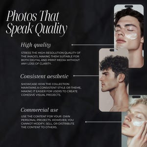 May include: Text overlay on a black background with three images of men's faces. The text reads "Photos That Speak Quality", "High quality", "Consistent aesthetic", and "Commercial use".
