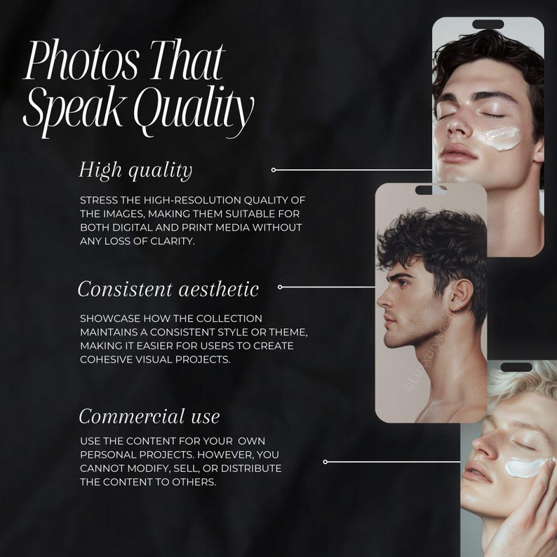 May include: Text overlay on a black background with three images of men's faces. The text reads "Photos That Speak Quality", "High quality", "Consistent aesthetic", and "Commercial use".