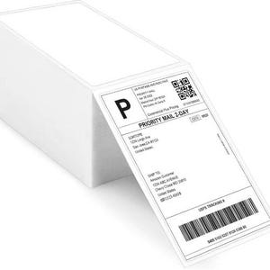 May include: A stack of white rectangular adhesive shipping labels. The top label features a printed Priority Mail 2-Day shipping template with a large letter P, a QR code, a barcode, and placeholder address information for a sender and recipient.