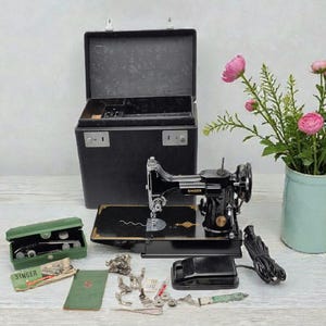 Singer 221 Featherweight With Case, Buttonholer, and Attachments 1948