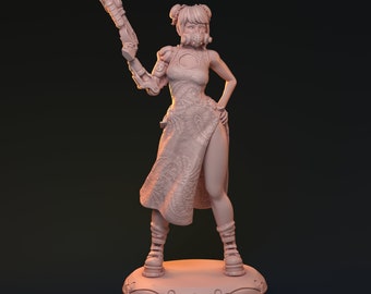 Sun-Chen, Gunslinger, Fighter, Cyberpunk, DnD, Sci-Fi, Fantasy, Pathfinder, Tabletop, 32mm, 75mm, Miniature, Pin-Up
