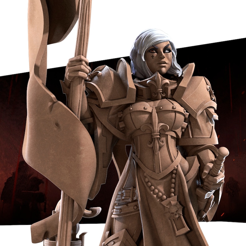 May include: A miniature figurine of a female warrior wearing armor and holding a flag and a sword. The figurine is made of brown plastic and has a detailed design.