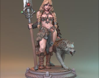 Alva Thurd, Spear Maiden, Beast Master, Druid, Female Warrior, Fighter, DnD, Pathfinder, Tabletop, Fantasy, Pin Up, 32mm, 75mm, Miniature