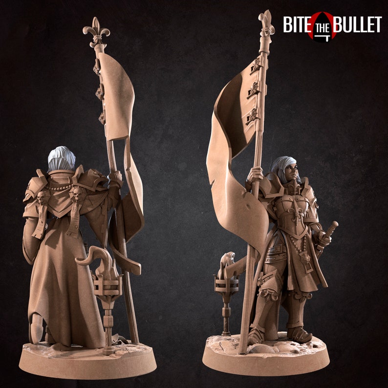 May include: A miniature figurine of a female figure wearing a long, flowing robe and armor, holding a flag with a fleur-de-lis design. The figure is standing on a base with a skull and crossbones design. The text "BITE THE BULLET" is visible in the background.