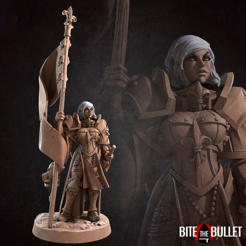 May include: A miniature figurine of a female warrior in armor, holding a flag with a fleur-de-lis design. The figurine is painted in a brown and white color scheme. The background is a dark gray color.
