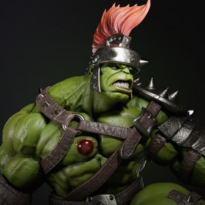 May include: A green Hulk figure wearing a silver and black Roman-style armor with a red feathered helmet. The figure has a fierce expression and is ready for battle.