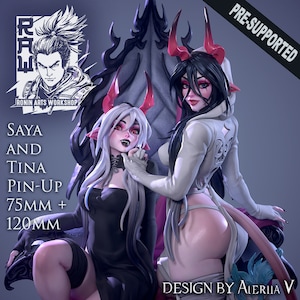 Saya and Tina, 75mm, 120mm, Fantasy, Tiefling, Sexy Twins, Miniature, Scale model, Pin-Up, Maid Waifu, SFW, NSFW, Ronin Arts