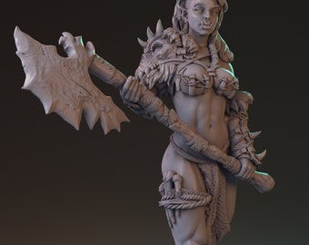 Nerteh Mickhar, Orc Barbarian, Orc Fighter, Orc Berserker, Female Orc, DnD, Pathfinder, Tabletop, Fantasy, Pin Up, 32mm, 75mm, Miniature
