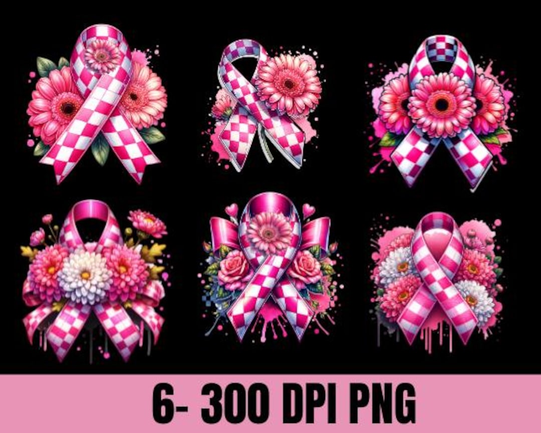 Breast Cancer Awareness Checkered Ribbon With Pink Flowers, Support ...