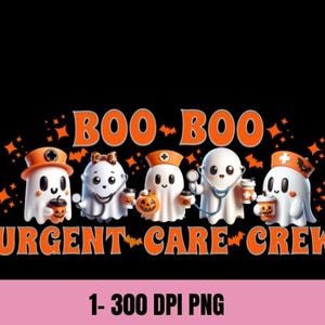 May include: A Halloween-themed graphic featuring cartoon ghosts dressed as medical professionals. The text "BOO-BOO URGENT CARE CREW" is in orange. Each ghost holds a coffee cup and a pumpkin. The image is on a black background.