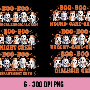 Könnte beinhalten: Schwarze Grafik mit Cartoon-Geistern in medizinischer Kleidung, jeweils mit einem Kürbis und einer Kaffeetasse. Der Text "BOO-BOO" steht über jeder Gruppe, mit Sätzen wie "Medical Surgical Crew" und "Emergency Department Crew" darunter.
