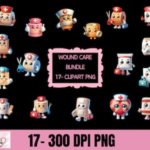 Puede incluir: Un conjunto de 17 imágenes de clipart de estilo de dibujos animados que presentan varios artículos de cuidado de heridas, como vendas, gasas y botiquines de primeros auxilios. Cada imagen está diseñada con una cara linda y amigable y presenta colores brillantes, incluidos el rojo, el rosa y el azul.