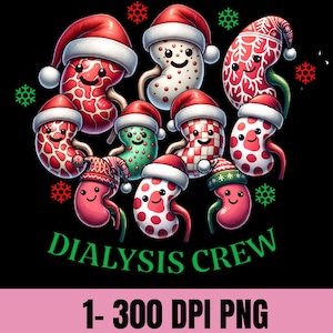 Puede incluir: Gráfico con riñones de dibujos animados con gorros de Papá Noel y decorados con patrones. El texto "DIALYSIS CREW" es verde, con copos de nieve. La parte inferior tiene el texto "1- 300 DPI PNG" sobre un fondo rosa.