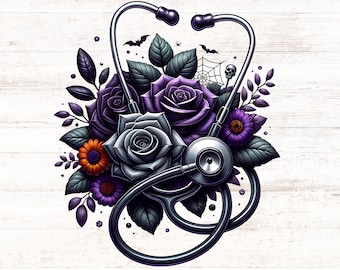 Halloween bloemenstethoscoop png, vintage gotische spookachtige bloemen griezelige stethoscoop geregistreerde verpleegkundige gezondheidszorg cadeau sublimatie clipart cadeau