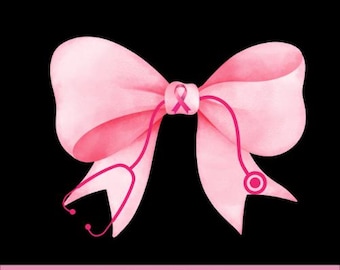 Puede incluir: Un lazo rosa de acuarela con una cinta rosa y un diseño de estetoscopio sobre un fondo negro. El texto "1- 300 DPI PNG" está en la parte inferior de la imagen.