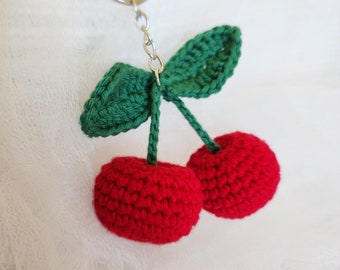 Cherries, keychain, hand knitted, crochet, stuffed animal, toy, to play with and/or decorate.