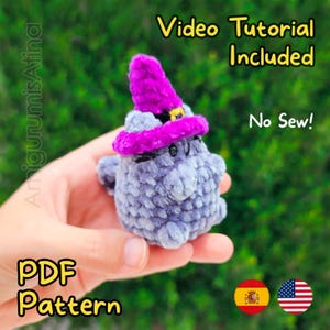 May include: A crocheted, plush, gray creature wearing a purple witch hat with a gold buckle. The image includes the text "Video Tutorial Included", "No Sew!", and "PDF Pattern". The background is a blurred green.