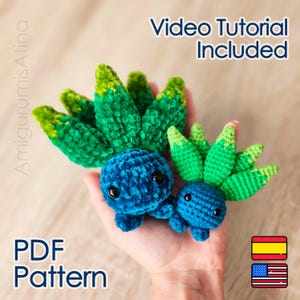 May include: Two handmade blue and green crochet creatures with black eyes and leaf-like tops. The image includes the text "Video Tutorial Included" and "PDF Pattern".