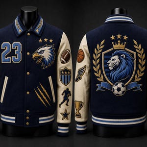 Puede incluir: Una chaqueta universitaria azul marino con mangas color crema, con parches bordados de un león, un águila, el número 23, balones deportivos y trofeos. El frente muestra el número 23 y una cabeza de águila, mientras que la espalda luce un escudo.