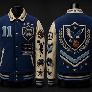 May include: A blue and cream varsity jacket featuring a wolf emblem, the number 11, and the text STRONGER TOGETHER CHAMPIONS on the front. The sleeves and back display embroidered sports motifs including a basketball, football, and eagle.