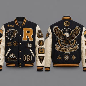 May include: A black and cream varsity jacket featuring gold embroidery and patches. The front displays a panther, the letter R, and the text Rise Above. The back features a large eagle graphic with the text Forged In Purpose and MMIX.