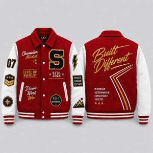 May include: A red and white varsity jacket featuring a large letter S, lightning bolt, and mountain patches. The front displays text including Champion Mindset and ESTD. 2024. The back features the text Built Different and Discipline Determination.