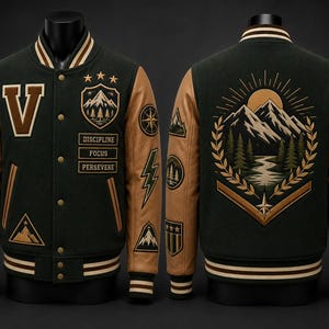 May include: A dark green and tan varsity jacket featuring a large letter V, mountain crests, and the text DISCIPLINE, FOCUS, PERSEVERE on the front. The back displays a large embroidered mountain landscape with a sun, river, and laurel wreath.