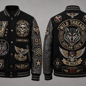 May include: A black varsity jacket with grey sleeves featuring numerous embroidered patches including skulls, wolves, and text such as Wild Threads, Lone Pack, and No Rules. The front displays a large letter V, while the back showcases a large wolf head.
