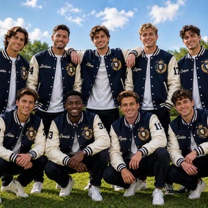 Può includere: Un gruppo di nove persone che indossano giacche varsity abbinate blu navy e crema sopra camicie bianche. Ogni giacca presenta uno stemma ricamato in oro sul petto, un nome unico sul lato destro e un numero specifico sulle maniche.