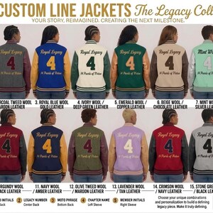 May include: A collection of sixteen varsity jackets in various color combinations, each featuring the text Royal Legacy, the number 4, and 14 Pearls of Voice on the back. The jackets are displayed in two rows with labels detailing the wool and leather colors.